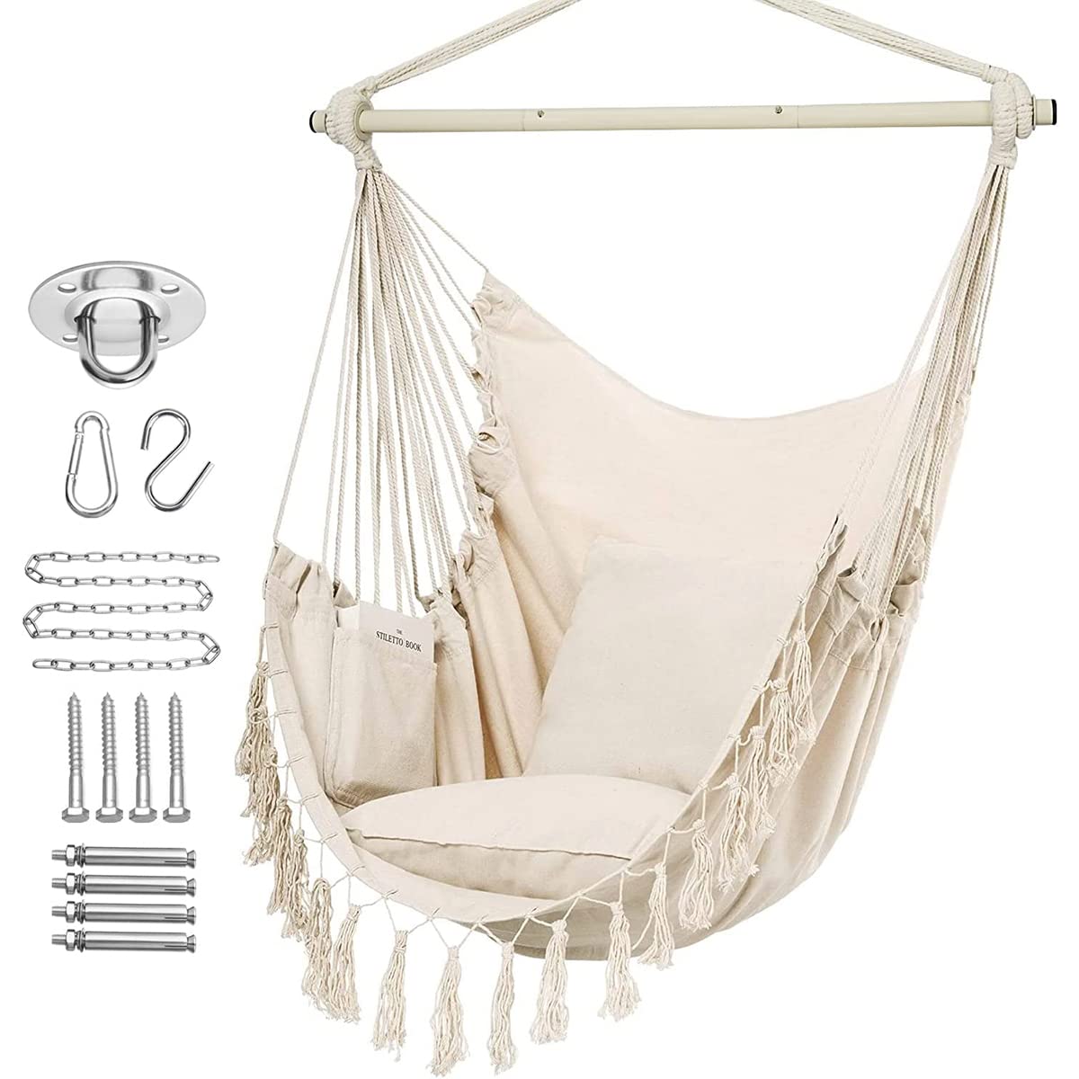 HASTHIP Swing Chair for Adults with 2 Cushions and Pocket, 360° free Rotation Large Macrame Hanging Chair for Indoor Outdoor Balcony(Max 180KG) HASTHIP Swing Chair for Adults with 2 Cushions and Pocket, 360° free Rotation Large Macrame Hanging Chair for Indoor Outdoor Balcony(Max 180KG)